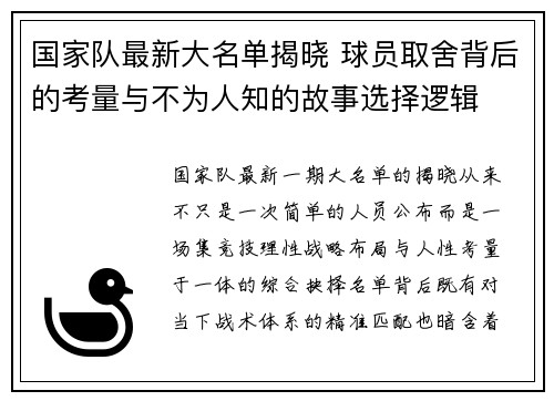 国家队最新大名单揭晓 球员取舍背后的考量与不为人知的故事选择逻辑
