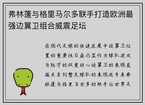 弗林蓬与格里马尔多联手打造欧洲最强边翼卫组合威震足坛 弗林蓬与格里马尔多联手打造欧洲最强边翼卫组合威震足坛